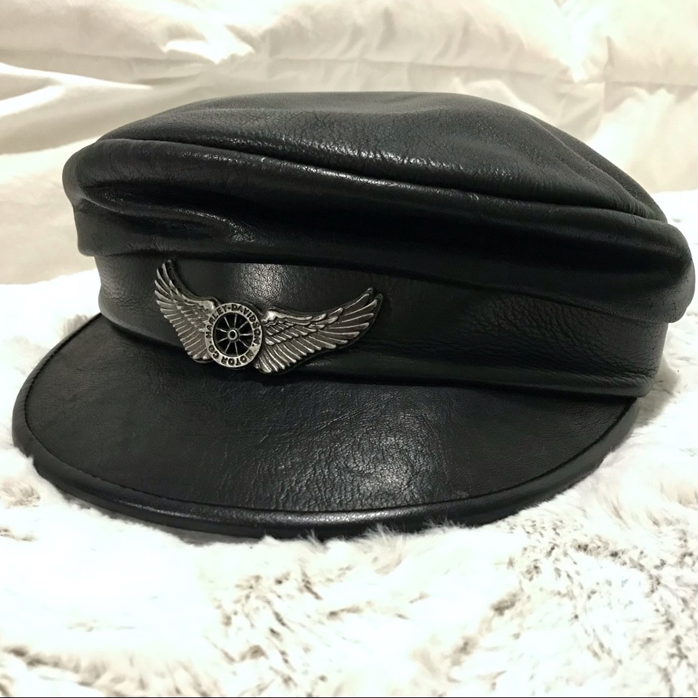 Harley Davidson Vintage Genuine Leather Cap Hat Small Metal Emblem Hardware